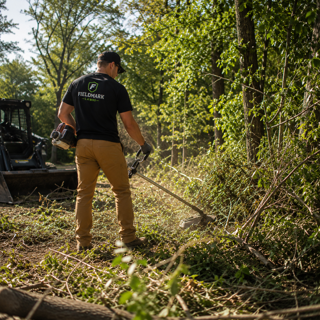 Fieldmark Lawns professional performing brush clearing and vegetation removal along a wooded property line using commercial-grade equipment.