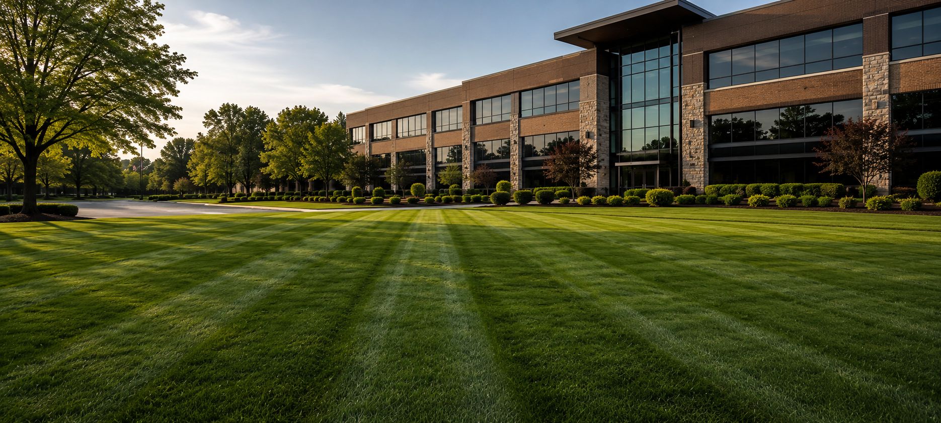 Modern commercial office campus with professionally maintained striped turf, manicured landscaping, and premium grounds maintenance showcasing the quality of commercial property care by Fieldmark Lawns.