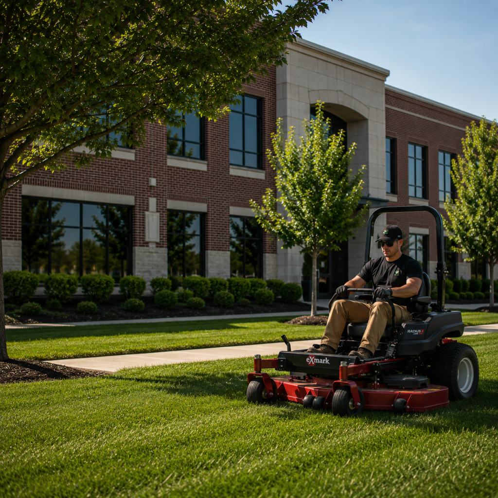 Fieldmark Lawns professional operating a commercial Exmark zero-turn mower while maintaining a landscaped office campus and commercial property.