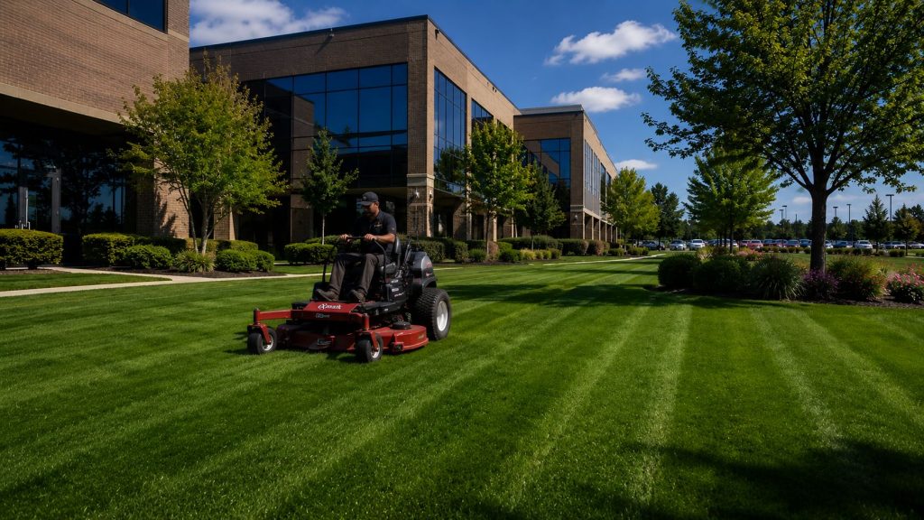 Professional commercial grounds maintenance services at a modern office campus featuring striped turf, landscaped grounds, and commercial lawn care equipment.
