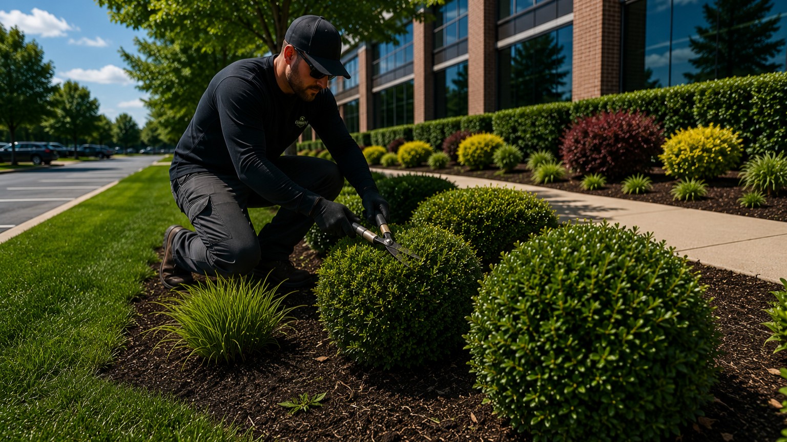 Professional commercial landscape bed maintenance featuring precision shrub trimming, fresh mulch beds, manicured ornamental grasses, and beautifully maintained commercial landscaping at a modern office campus.
