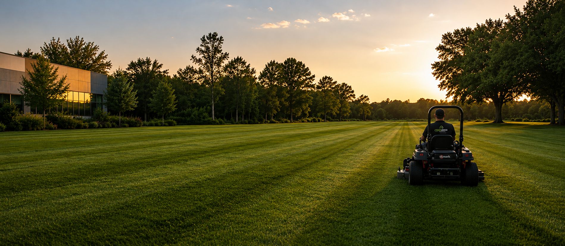 Golden hour view of a professionally maintained commercial property with precision striped turf and an authentic Exmark Lazer Z mower creating premium curb appeal for businesses.