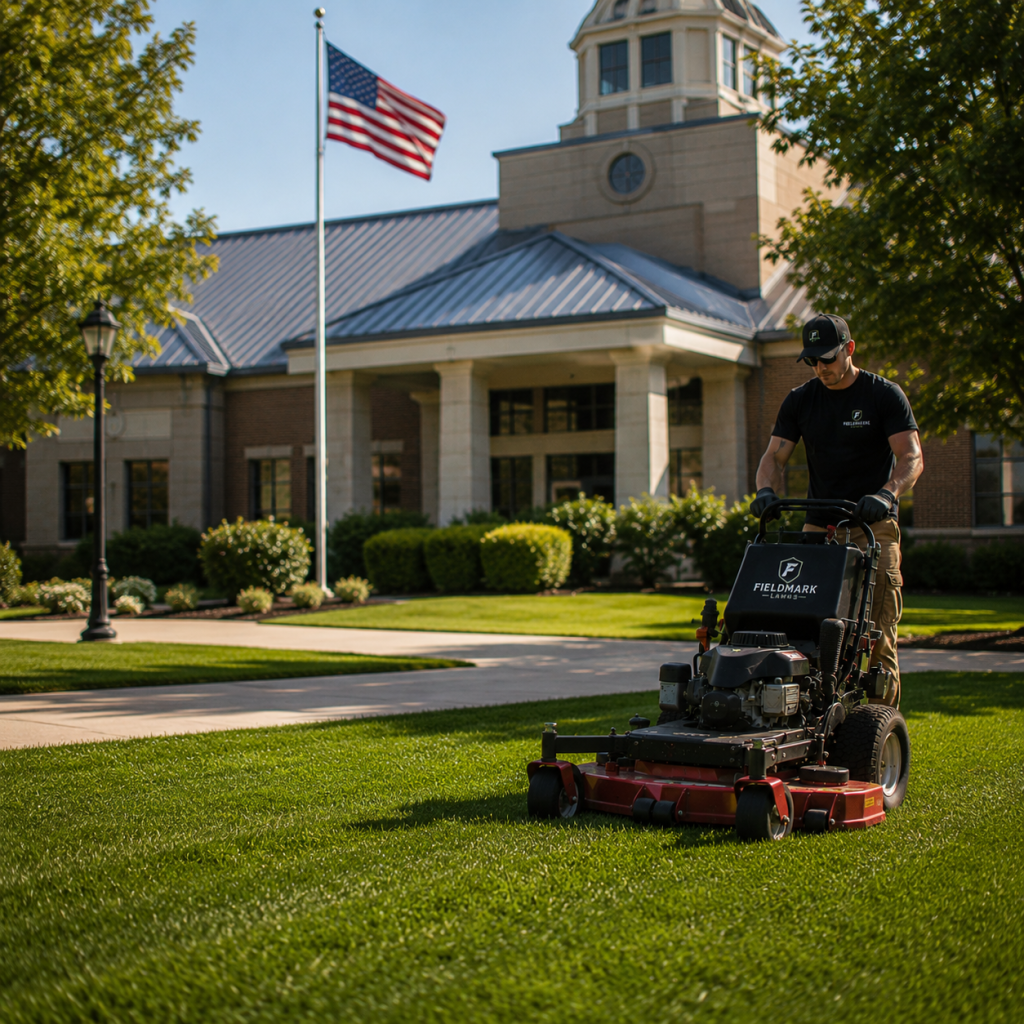 Fieldmark Lawns professional maintaining landscaped grounds at a municipal or community property featuring manicured turf, professional lawn care, and an American flag.