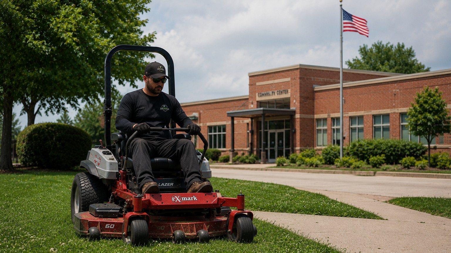 Professional municipal property maintenance featuring an authentic Exmark Lazer Z commercial mower maintaining the grounds of a civic building with beautifully striped turf, mature landscaping, sidewalks, and an American flag.