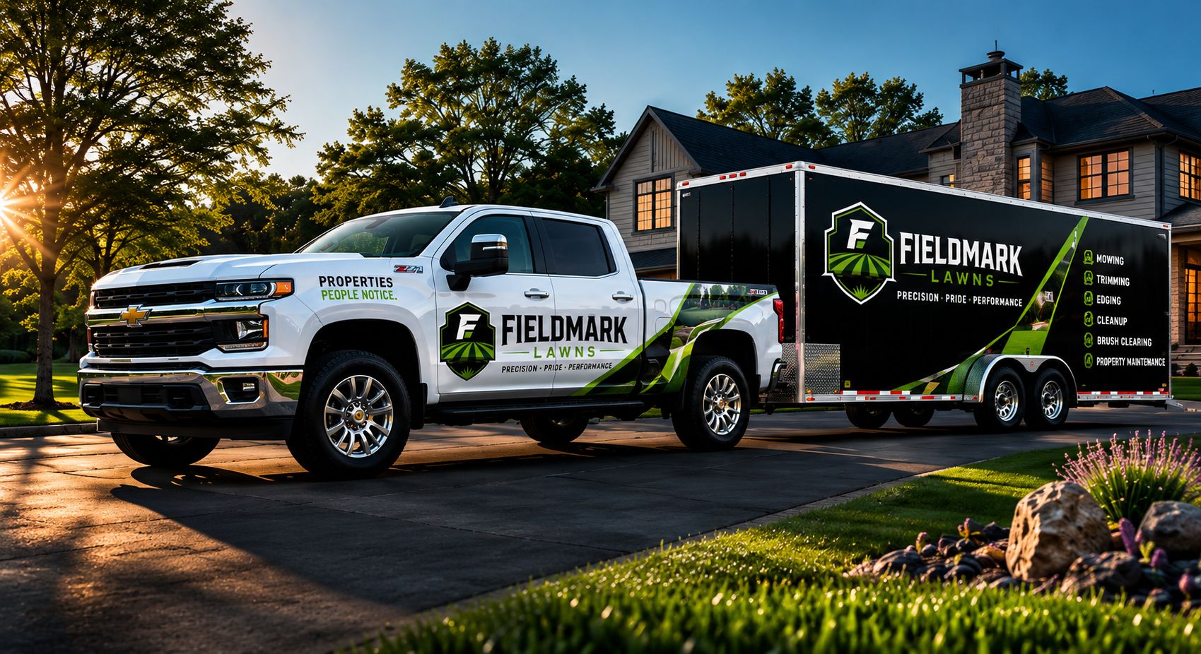 Fieldmark Lawns branded Chevrolet truck and enclosed trailer showcasing premium lawn care, property maintenance, lawn mowing, trimming, edging, brush clearing, and commercial grounds maintenance services.