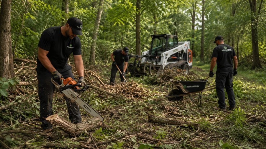 Fieldmark Lawns crew performing professional brush clearing and overgrowth removal services using chainsaws, hand tools, and equipment to restore wooded property areas.