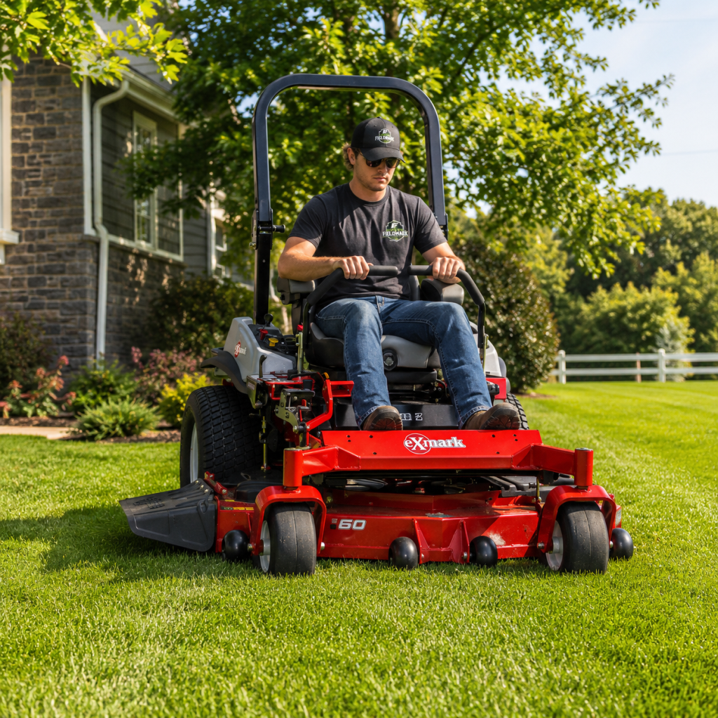 Fieldmark Lawns professional mowing specialist operating an Exmark zero-turn mower on a beautifully maintained residential lawn.