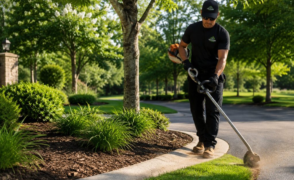 Fieldmark Lawns professional trimming and edging around landscape beds, curbs, and lawn borders to create a clean, polished property appearance.