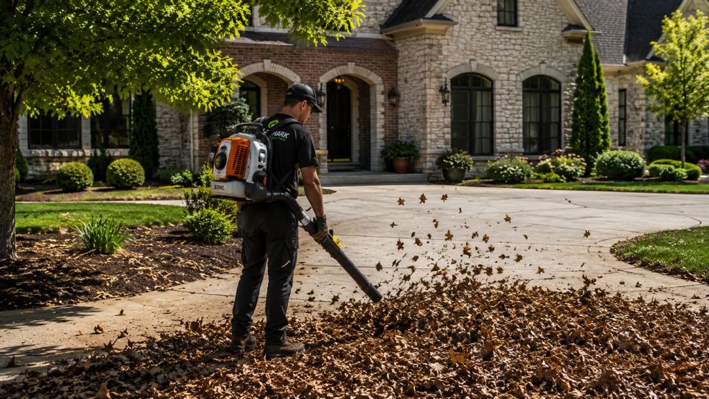 Fieldmark Lawns professional performing leaf removal and property cleanup services using a commercial backpack blower at a luxury residential property.