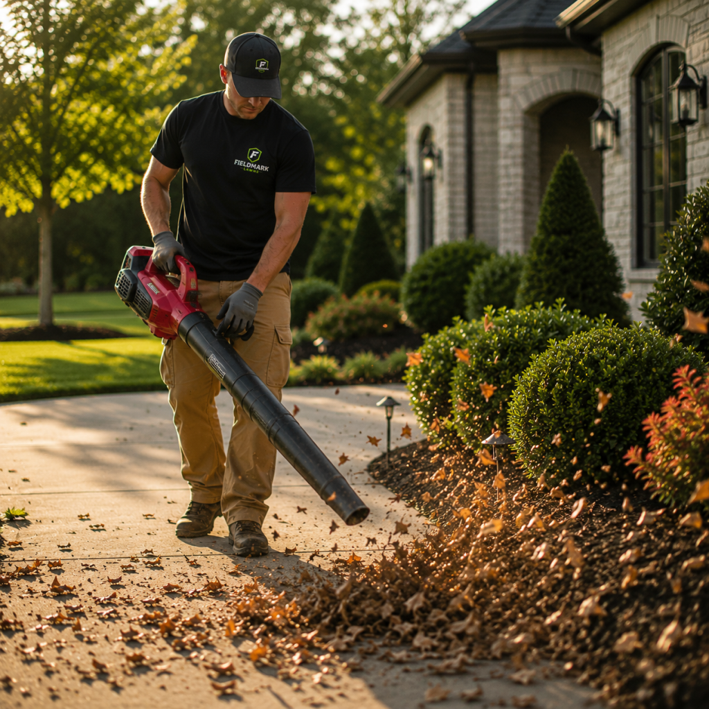 Fieldmark Lawns professional performing property cleanup with a commercial leaf blower to remove debris, leaves, and landscape waste from a residential property.