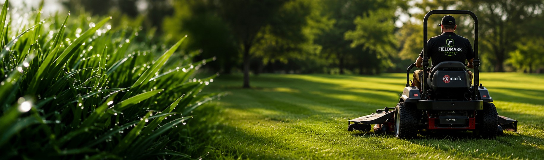 Fieldmark Lawns professional operating an Exmark Lazer Z commercial zero-turn mower on a beautifully maintained property in Franklin County Missouri.