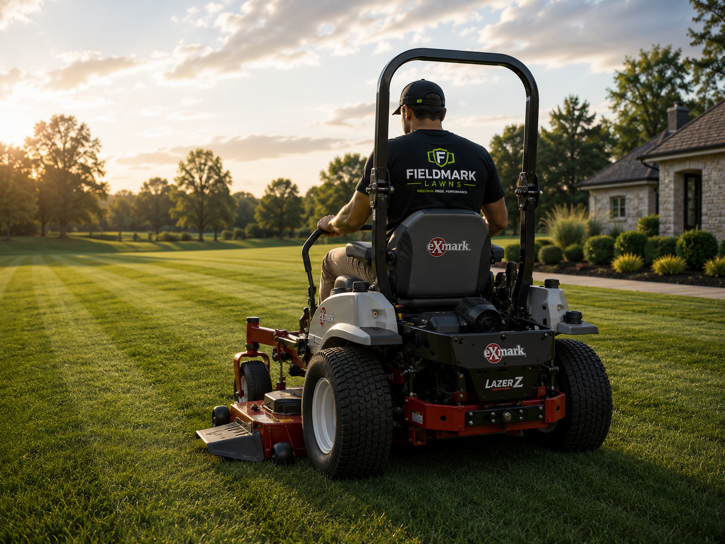 Fieldmark Lawns professional operating an Exmark Lazer Z commercial zero-turn mower on a beautifully maintained property in Franklin County, Missouri.