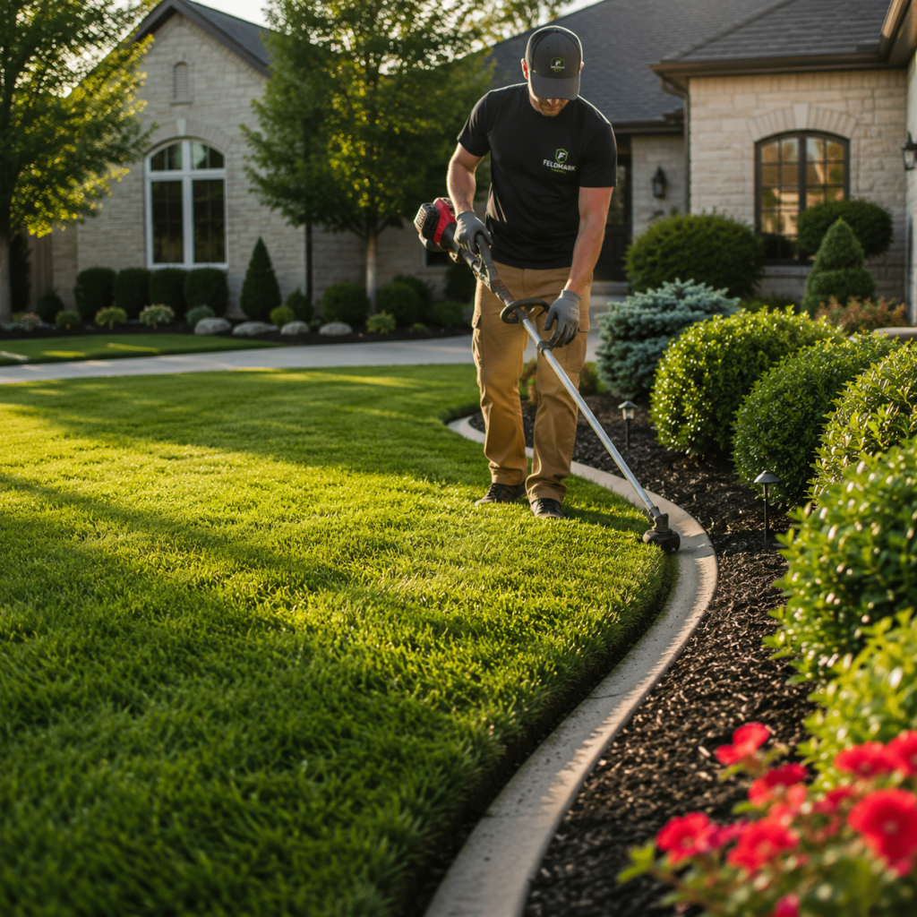 Fieldmark Lawns professional trimming and edging a landscaped lawn to create clean borders, sharp lines, and exceptional curb appeal.